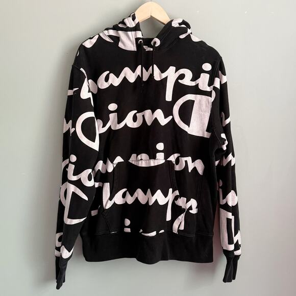 Champion Reverse Weave Large Script All over Print Hoodie black white large - Picture 1 of 5
